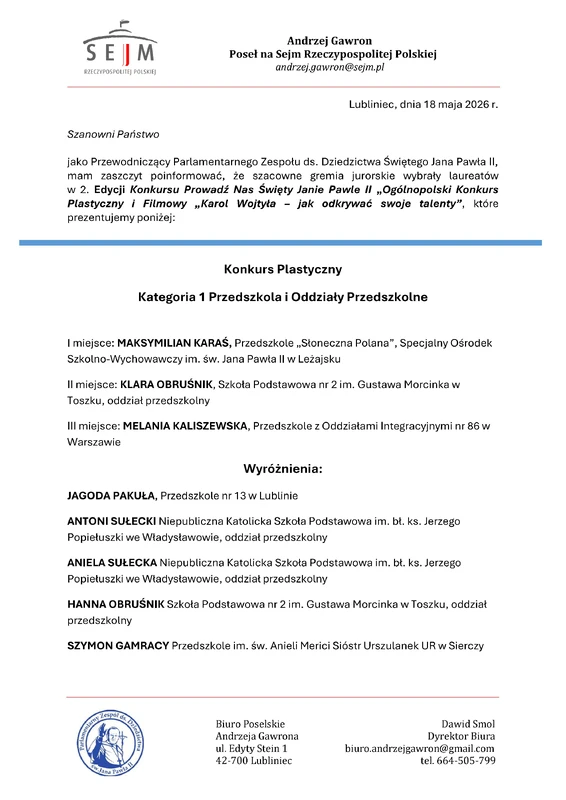 Wyniki 2 Edycji Ogólnopolskiego Konkursu Prowadź Nas Święty Janie Pawle II